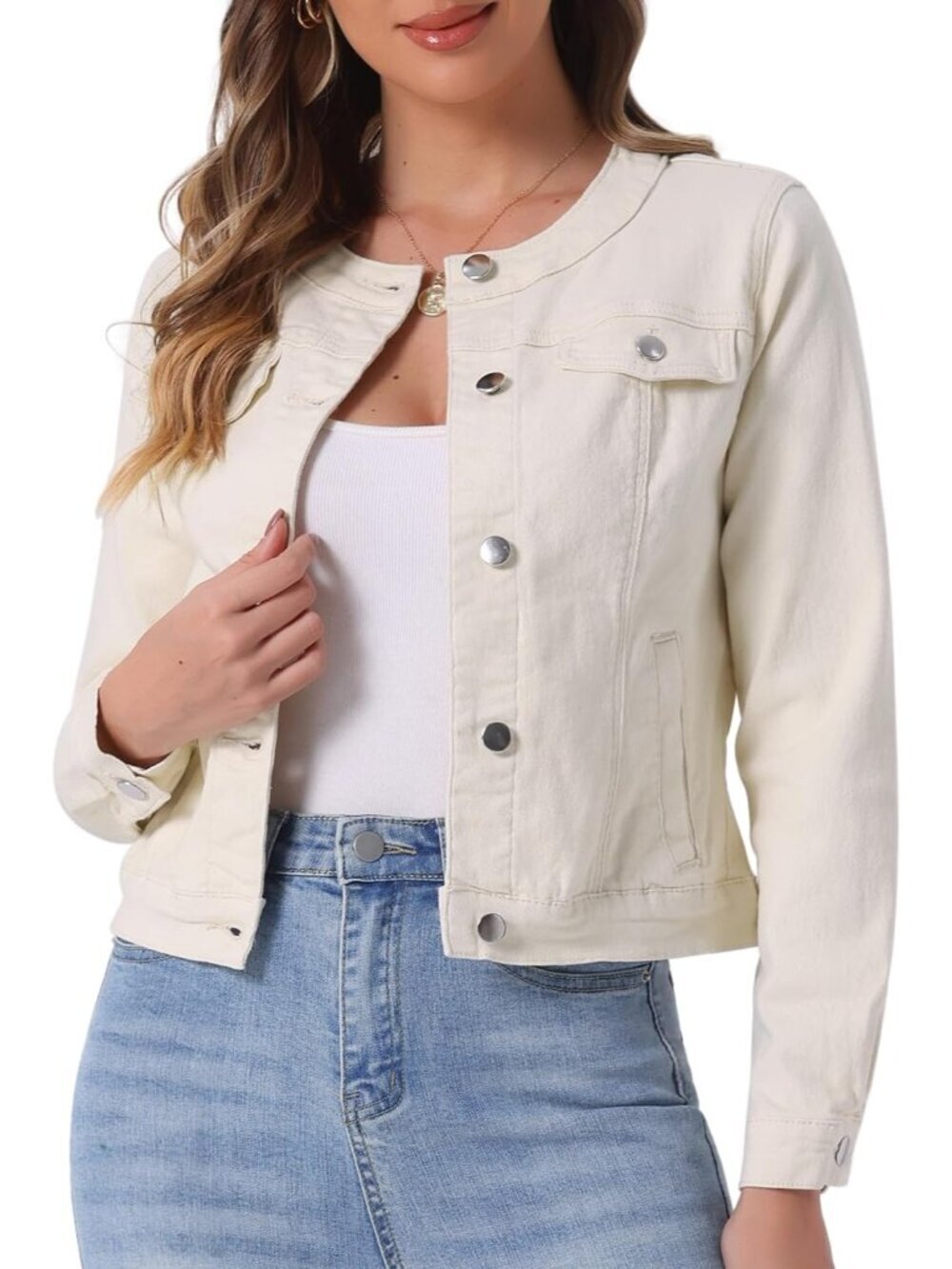 Women's Beige Denim Jacket Collarless Round Neck Jean Long Sleeve Jackets